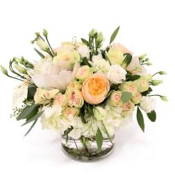 Pastel flower arrangement in a clear glass vase