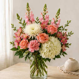 Pink and white mixed bouquet in a clear glass vase