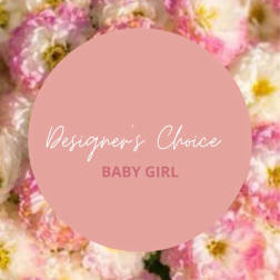 Pink floral background with a circle reading "Designer’s Choice Baby Girl"