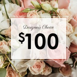 Bouquet of blush and white roses with a $100 price overlay