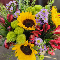 Bouquet with sunflowers, purple daisies, red alstroemeria, and green chrysanthemums