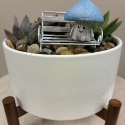 Succulent arrangement in a white pot with a small mushroom figurine and bench