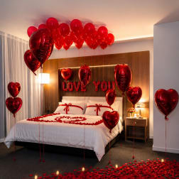 Bedroom decorated with red heart balloons, rose petals, and candles