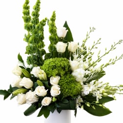 White roses and green blooms arranged in a white vase