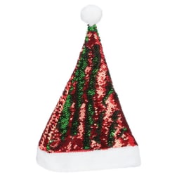 Sequined red and green Santa hat with white trim