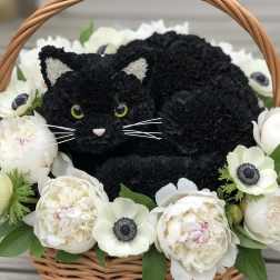 Black cat-shaped floral arrangement in a wicker basket with white flowers