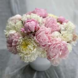 Bouquet of pink and white peonies and chrysanthemums