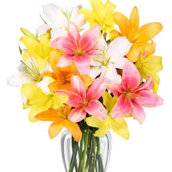 Bouquet of pink, yellow, white, and orange lilies in a clear glass vase