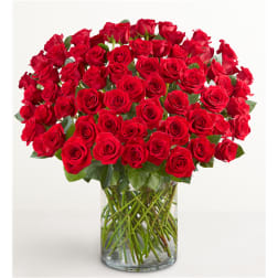 Bouquet of red roses in a clear glass vase