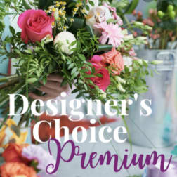 Mixed bouquet with pink roses and pastel flowers, overlaid with text