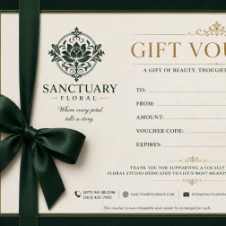 Floral gift voucher card with a dark green ribbon bow