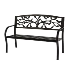 Black metal bench with a decorative tree-and-bird backrest