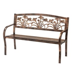 Decorative metal bench with floral cutout backrest