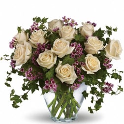 Cream roses in a glass vase with purple filler flowers