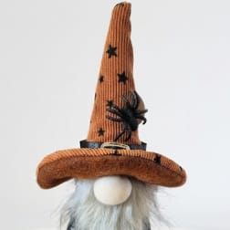 Halloween gnome figurine with orange hat and black spider decoration