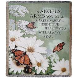 Memorial blanket with white daisies, butterflies, and a sympathy message