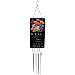 Hanging porch sign with colorful flowers and metal wind chimes