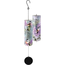 Two hanging metal wind chimes with bird and floral prints