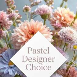 Pastel mixed flowers with a "Pastel Designer Choice" label