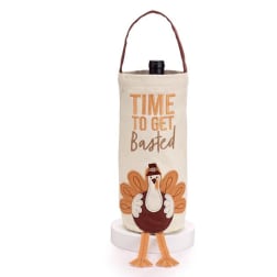 Wine bottle in a turkey-themed fabric carrier with text