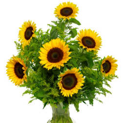 Arrangement of bright yellow sunflowers in a clear glass vase