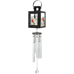 Black lantern-style wind chime with cardinal and floral panels