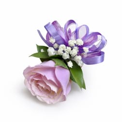 Lavender rose with purple ribbon and white filler flowers