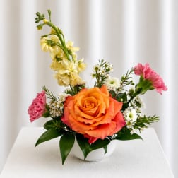 Orange rose arrangement with pink carnations and white filler flowers in a white bowl vase