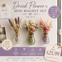 Set of three mini magnet vases with dried flowers in clear, green, and purple glass