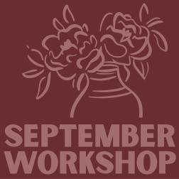Maroon workshop graphic with a line drawing of flowers in a vase and large text