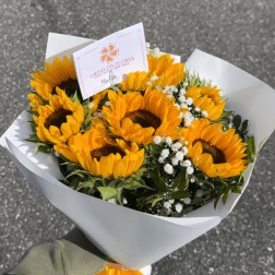 Bouquet of sunflowers wrapped in white paper
