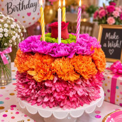 Colorful flower arrangement styled like a birthday cake with candles and a rose on top