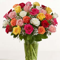 Mixed roses in many colors arranged in a clear glass vase
