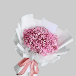 Pink baby's breath bouquet wrapped in white paper with a pink ribbon