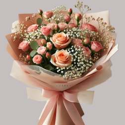 Bouquet of peach and pink roses wrapped in blush paper with a ribbon