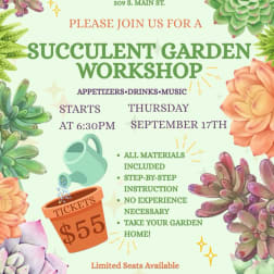 Succulent garden workshop flyer with illustrated succulents and a watering can