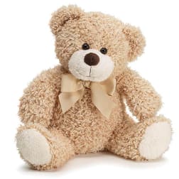 Plush teddy bear with a beige ribbon bow