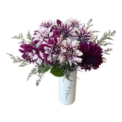 Purple and white dahlia bouquet in a white vase