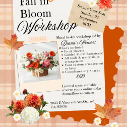 Fall floral workshop flyer with orange and cream flowers and a basket arrangement