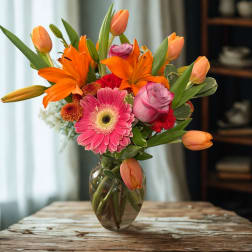 Mixed bouquet of orange lilies, pink gerbera daisies, and roses in a glass vase