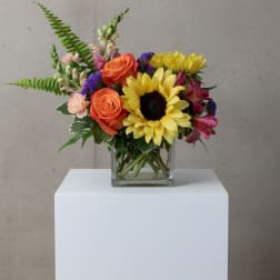 Sunflower and orange rose arrangement in a square glass vase