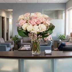 Pink and white roses arranged in a clear glass vase