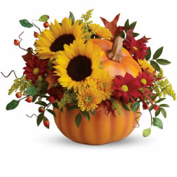 Fall floral arrangement in a pumpkin container with sunflowers and red daisies