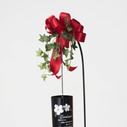 Hanging black candle holder with red bow and ivy decoration