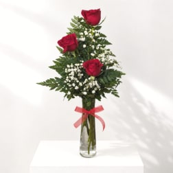 Three red roses in a clear glass vase with baby's breath