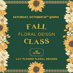 Fall floral design class poster with sunflower border on a green background