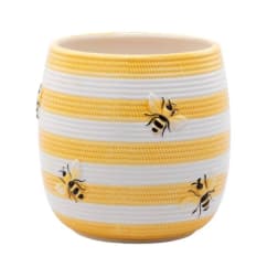 Bee-patterned ceramic planter with yellow and white stripes