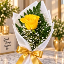 Yellow rose bouquet wrapped in white paper with a gold ribbon