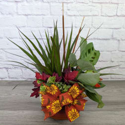 Autumn planter with mixed foliage and a sunflower ribbon bow in a low pot