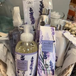 Lavender-scented hand soap and lotion gift set in a basket